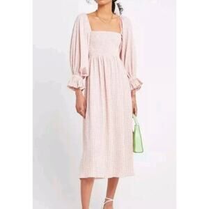 o.p.t One Pretty Time Athena Dress S Pink Plaid Smocked Puff Sleeve Cottagecore